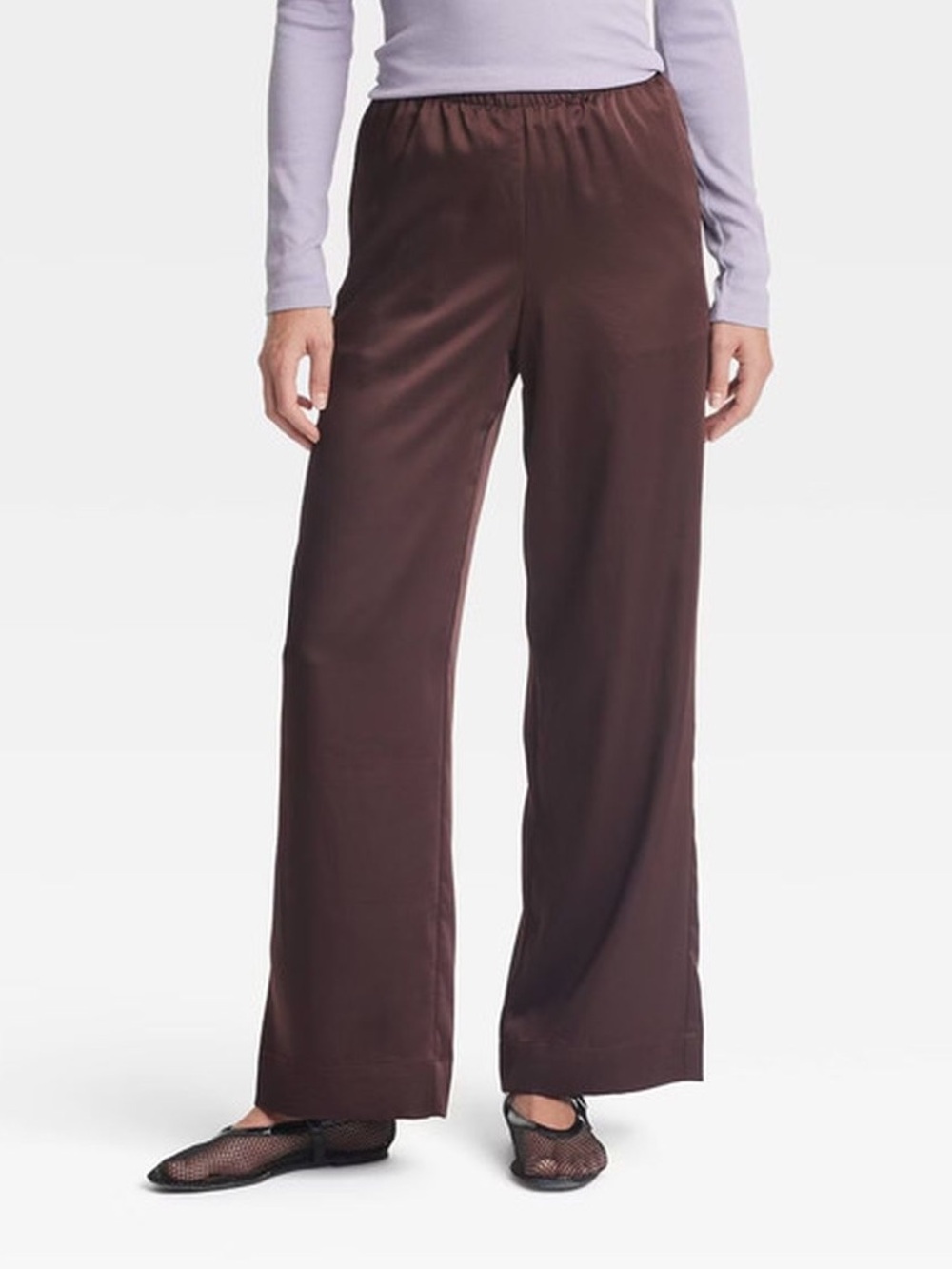 A New Day Women's Long Mid-Rise Satin Pull-On Pants - Brown